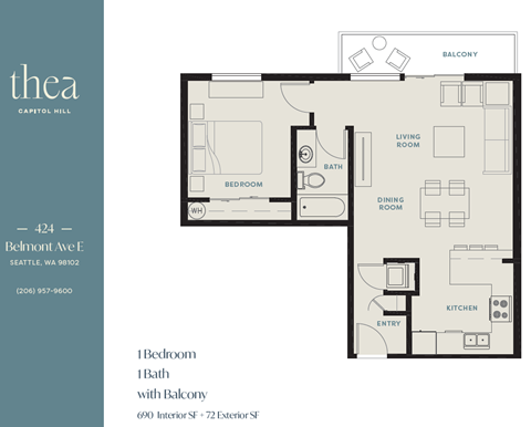 A floor plan of a one bedroom apartment with balcony.